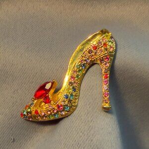 High Heel Shoe Brooch Rhinestone Stiletto Flower Embellished Pin 2”